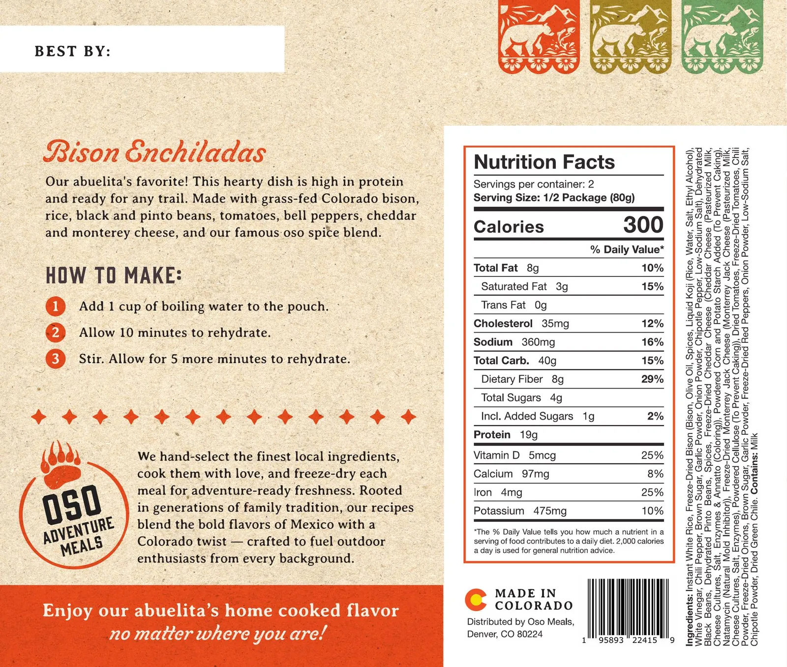 Back of the Bison Enchiladas pouch with the story, how to make it, ingredients and nutrition facts