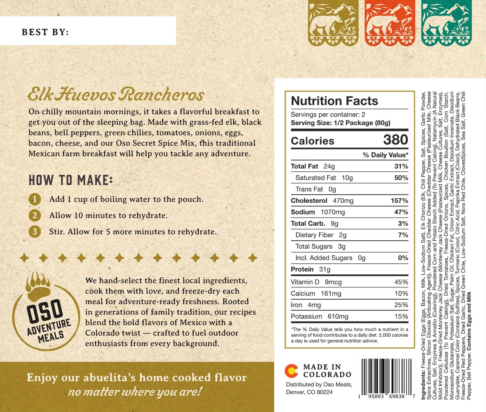 Back of the Elk Huevos Rancheros pouch with the story, how to make it, ingredients and nutrition facts