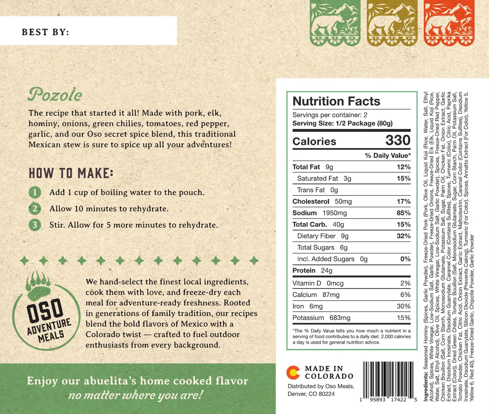 Back of the Pozole pouch with the story, how to make it, ingredients and nutrition facts