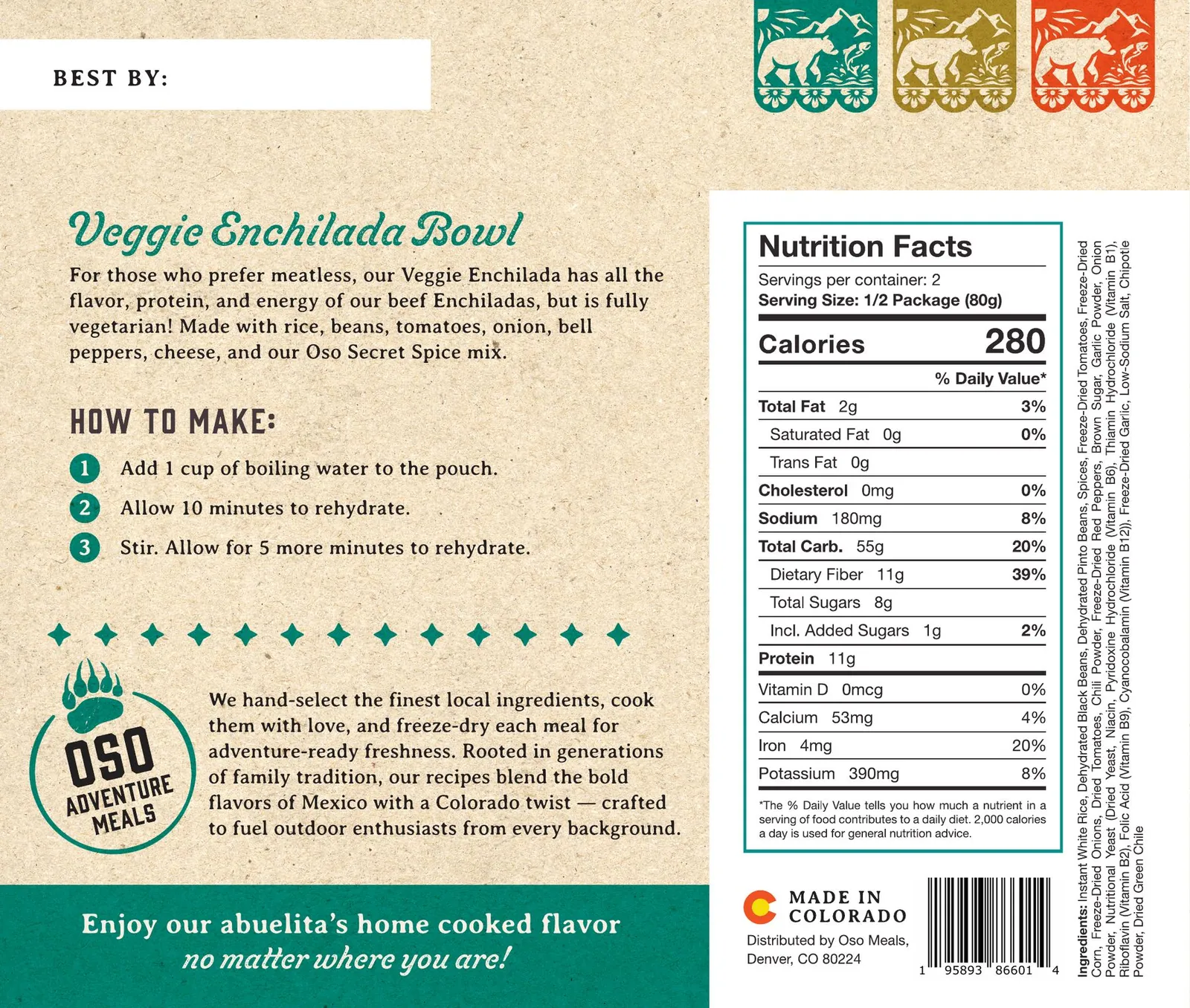 Back of the Veggie Enchilada Bowl pouch with the story, how to make it, ingredients and nutrition facts