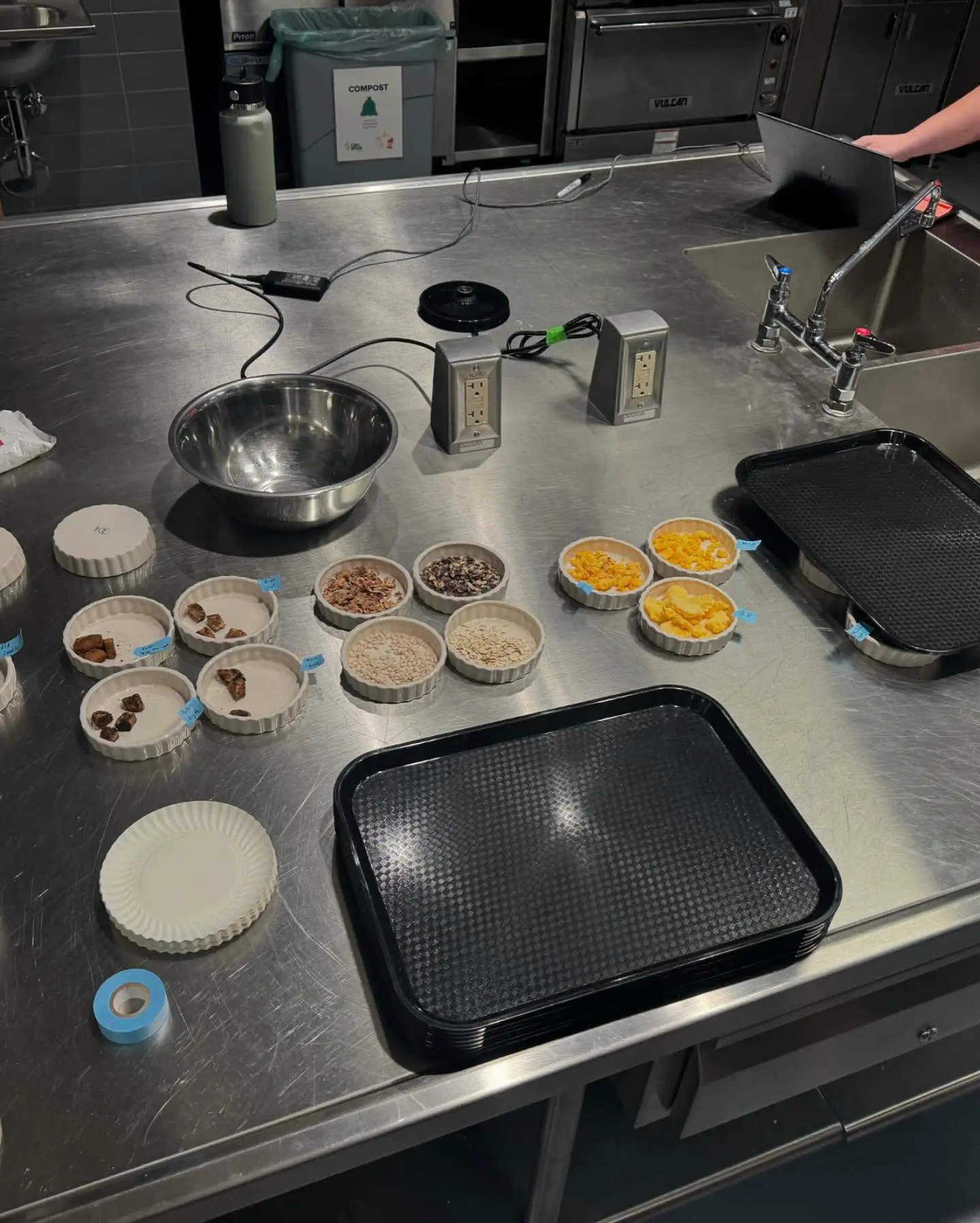 Freeze-dried ingredients laid out in small dishes on a steel kitchen counter during recipe testing